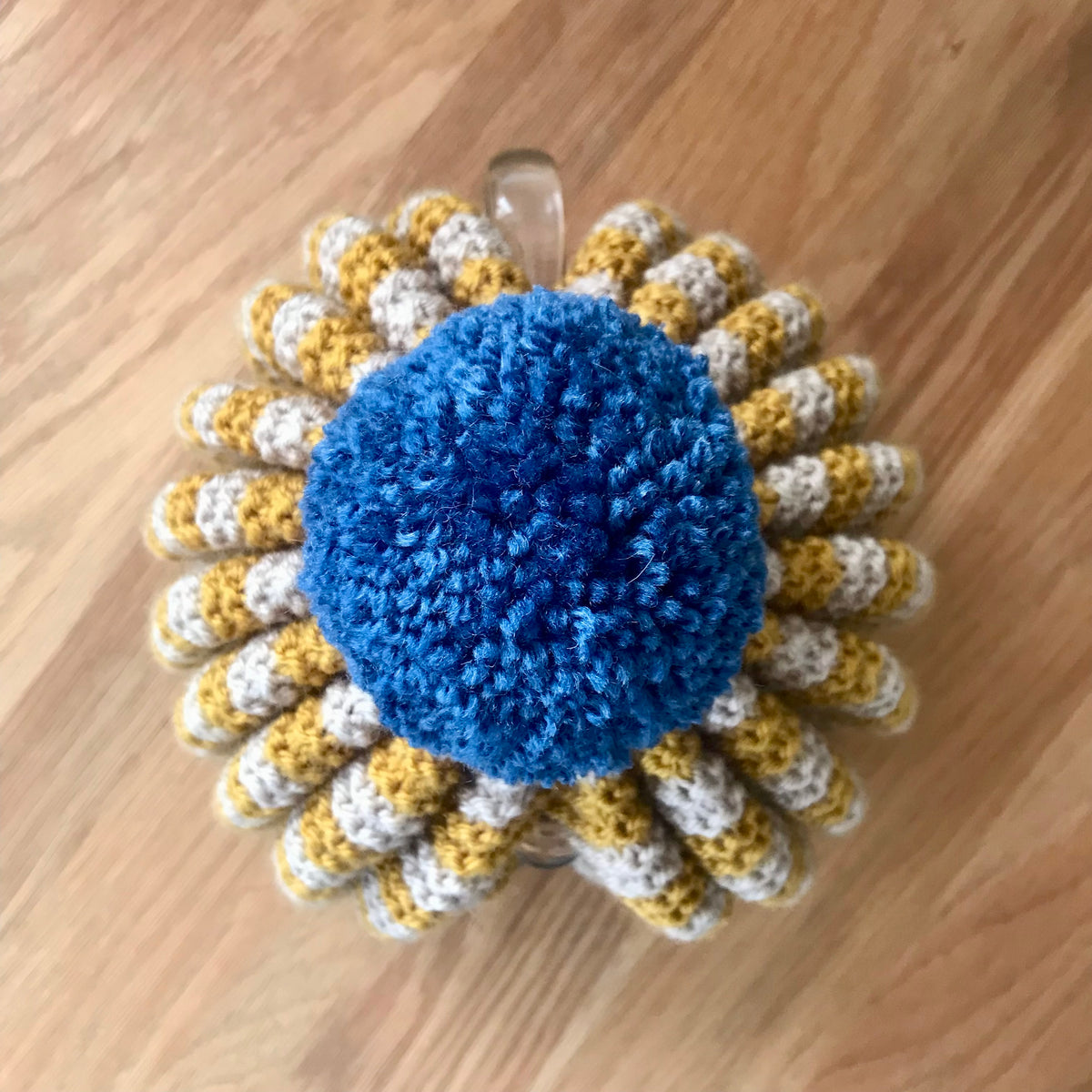 Hand Knitted Tea Cosy - Mustard, Oatmeal with Blue PomPom
