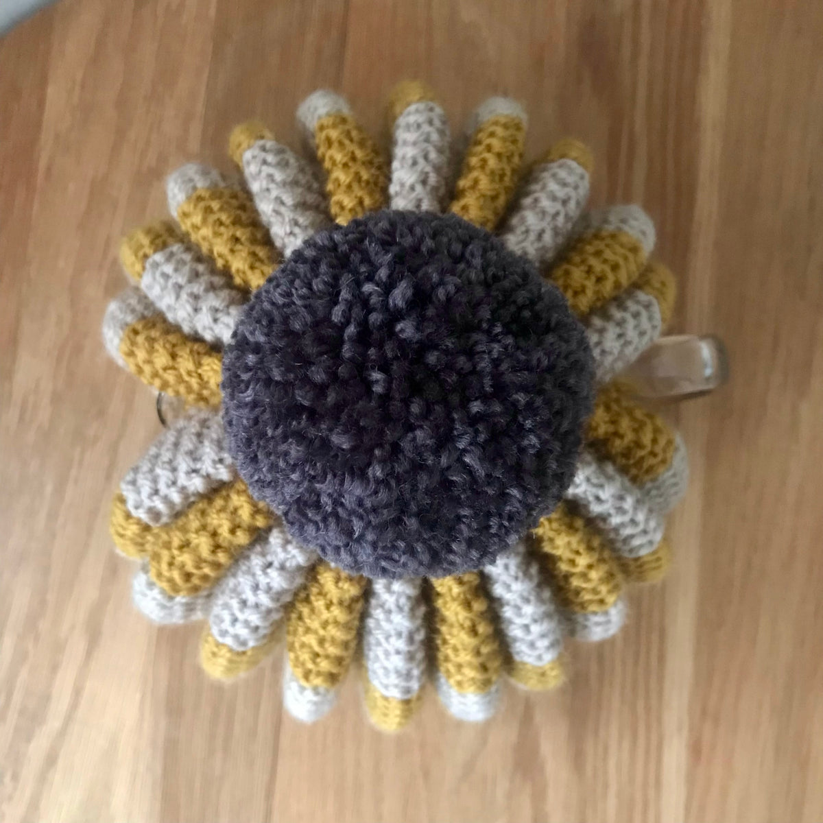 Hand Knitted Tea Cosy - Mustard, Oatmeal with Dark Brown PomPom