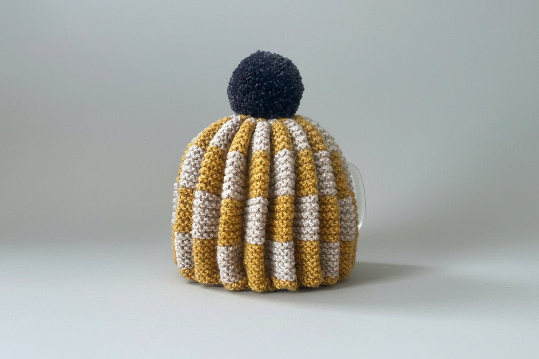 Hand Knitted Tea Cosy - Mustard, Oatmeal with Dark Brown PomPom